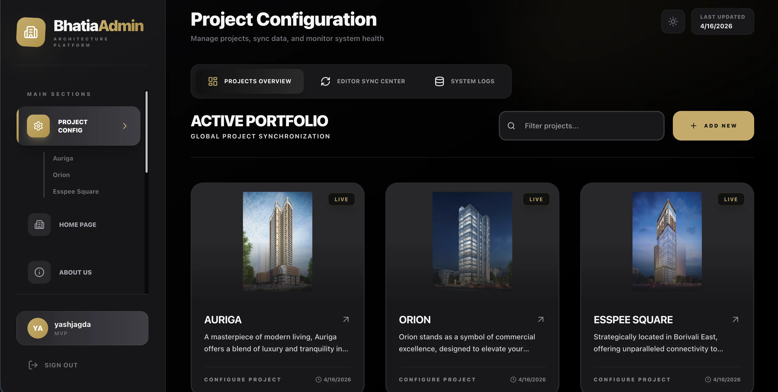 BhatiaBuilders admin panel — project configuration and portfolio management
